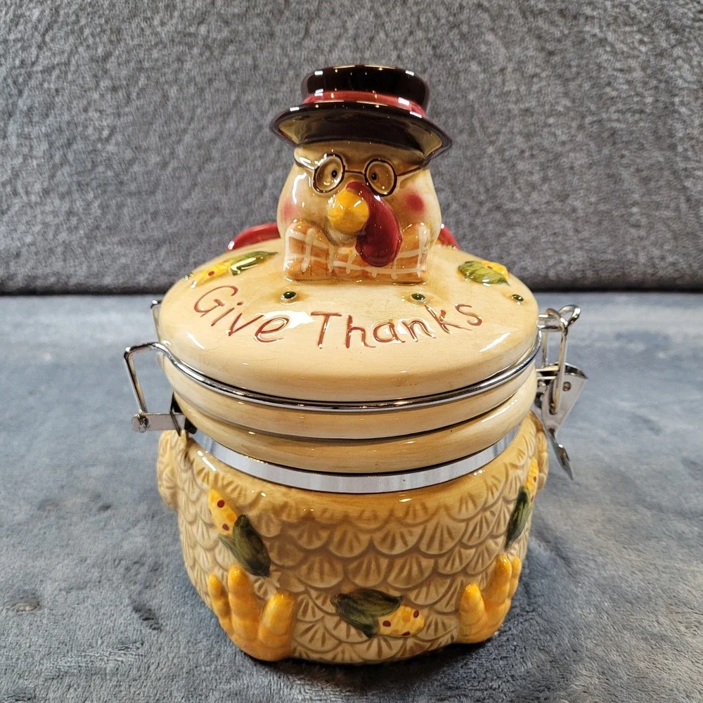 Give Thanks Ceramic Turkey Canister Thanksgiving Autumn Kitchen Jar Airtight Lid